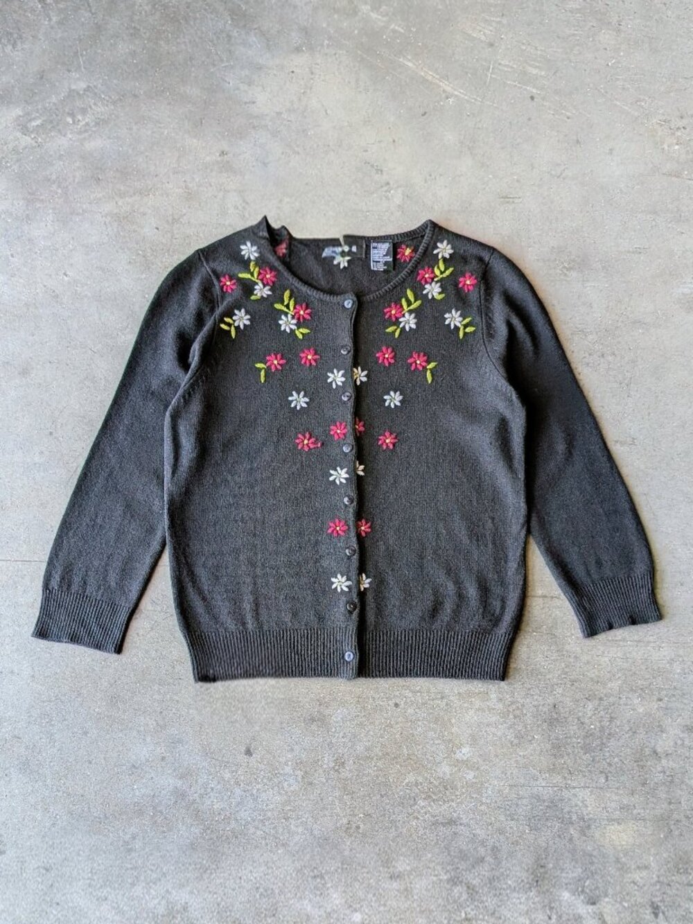 Vintage Black Silk Cashmere Knit Floral Embroidered Cardigan Sweater small
